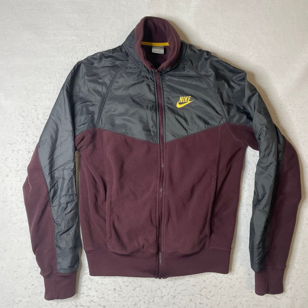 Nike Sportswear Track Jacket Fleece Nylon Burgundy Yellow Logo‎ Size Silver Tag